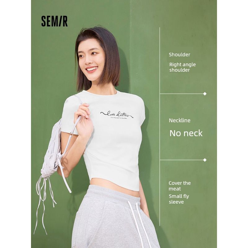 

[Same Style with Mall] Senma Short sleeve T-shirt Women Short Slim fit Shoulder Slimming 2025 Summer New Letter Top This White 10101 155/80A/S
