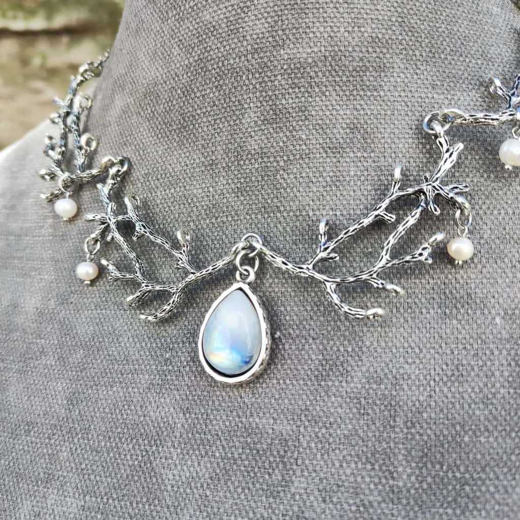 Forest Spirit Tree Branch Necklace With Moonstone And Silver Leaf Pendant For Women