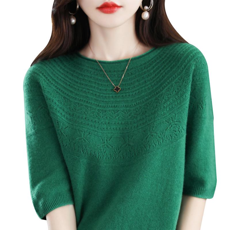 Women's Slim Fit Wool-Cashmere Sweater: Round Neck, Short Sleeve, Ideal for Autumn-Winter Layering