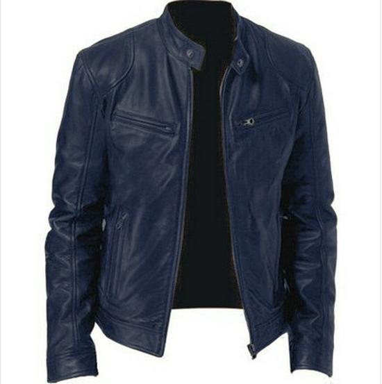 Men's Slim Fit PU Leather Stand Collar Motorcycle Jacket with Zipper and Pocket Details.