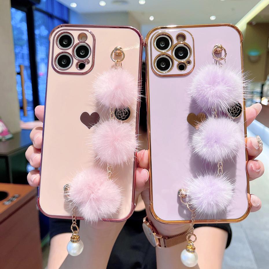 

Чехол для мобильного телефона с милым боковым гальваническим покрытием в форме сердца и плюшевым браслетом для IPhone 11 12 13 Pro Max X XS XR 7 8 Plus