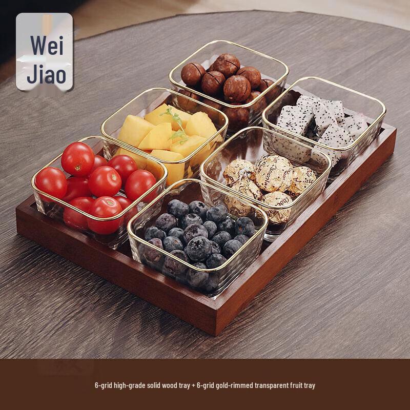 Gold Rim Glass Serving Bowl Set with Wooden Tray