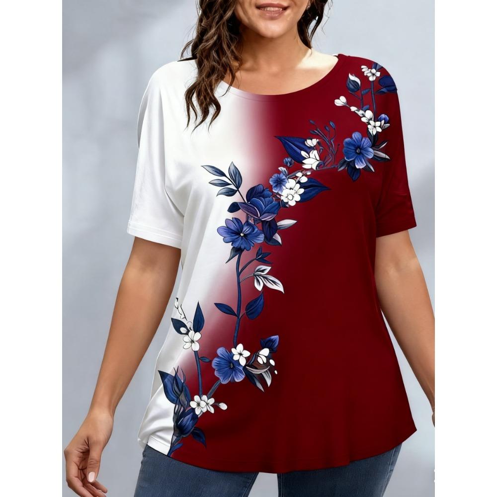 Tricouri de damă mărime mare XL-7XL Tricou de damă cu gât rotund, la modă, cu patchwork floral și imprimeu colorat, cu mânecă scurtă