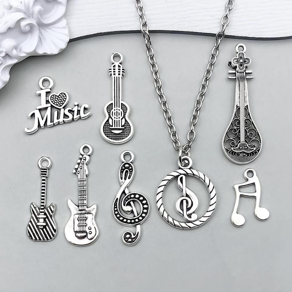 Starožitný stříbrný slitinový přívěsek ve tvaru noty na kytaru pro DIY šperky