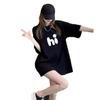 Women's Black Mid-Length Pure Cotton T-Shirt - Short Sleeve, Loose Fit, Plus Size, Summer Top
