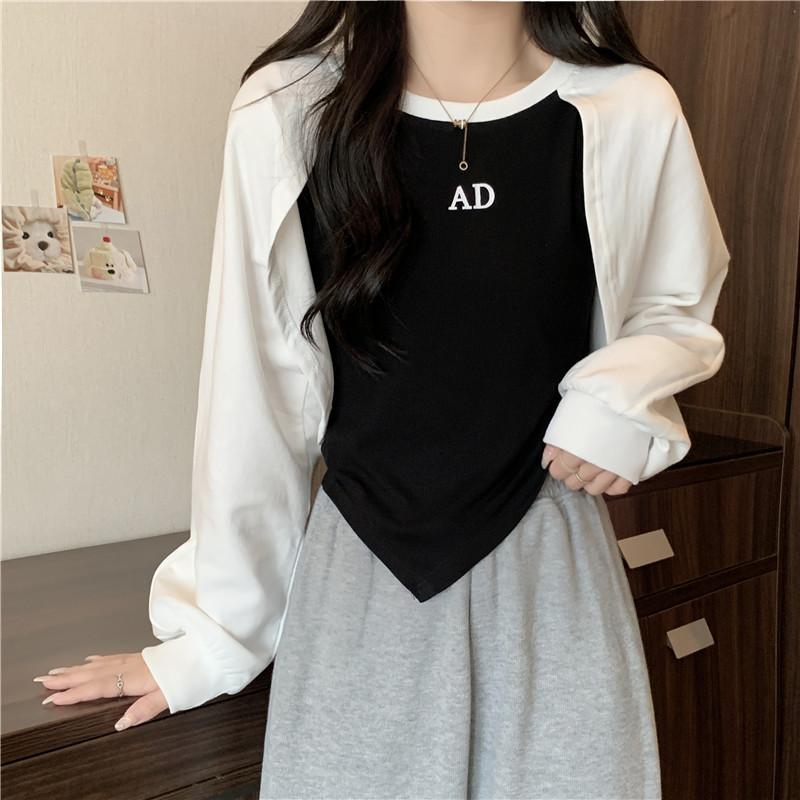 Нерегулярные поддельные две короткие толстовки с длинными рукавами тонкий женский топ M белый 1733₽