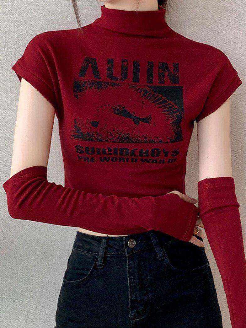 

Женская футболка в американском стиле с полувысоким воротником, коротким рукавом, облегающего кроя - Коллекция Весна 2025 S