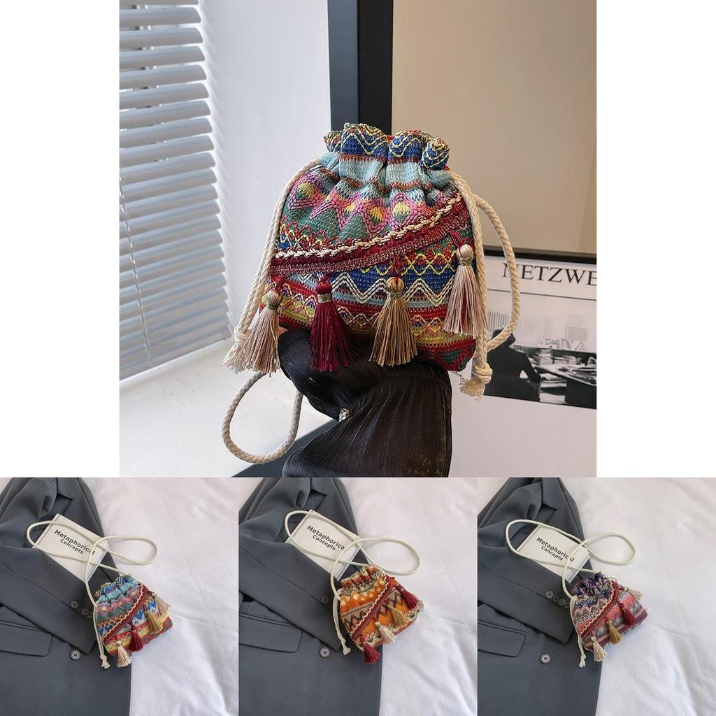 Trendy Stylish Woven Bucket Bag For Women In Vibrant Blue Orange And Red Perfect For Street Fashion