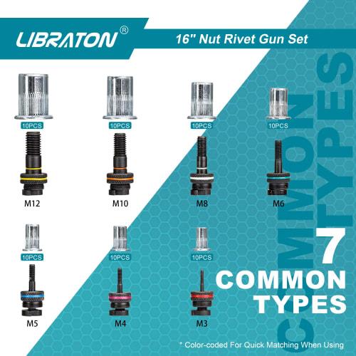 LIBRATON Hand Rivet Nut Tool, Two-Handed, Includes 70 M3/M4/M5/M6/M8/M10/M12 Blind Nuts