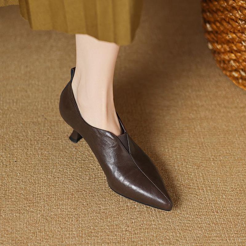 Fashion NEW Spring/Autumn Women Pumps Pointed Toe Kitten Heel Shoes Split Leather Shoes for Women Solid Slip-on High Heel Handmade Shoes
