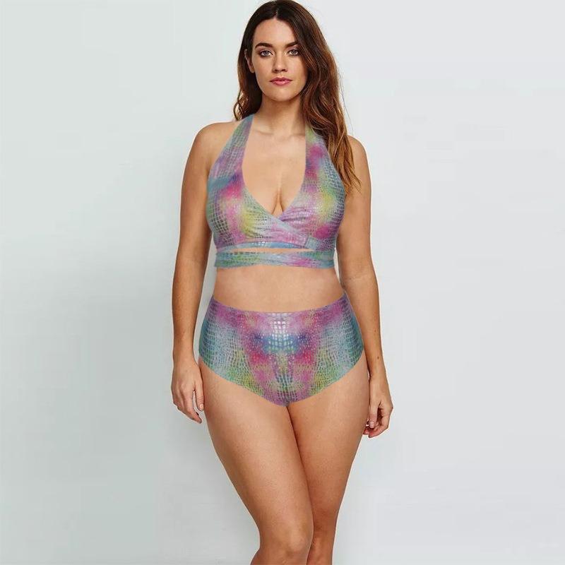 New swimsuit women's swimsuit solid color halter three-piece bikini print sexy women's bikini