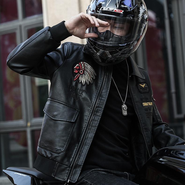Autunno Inverno Uomo Giacca in pelle moto Risvolto Ricamo Vintage Locomotiva Giubbotti Pu Biker Coat Streetwear Maschile