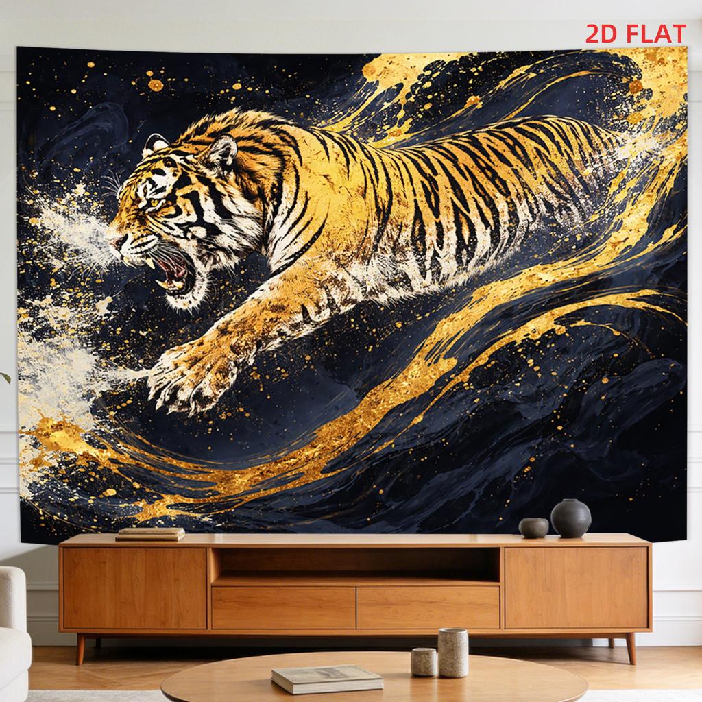 Golden Tiger Tapestry Wall Hanging Roaring Tiger Animal Art Tapestry Black Gold Splatter Boho Home Decor for Bedroom Living Room