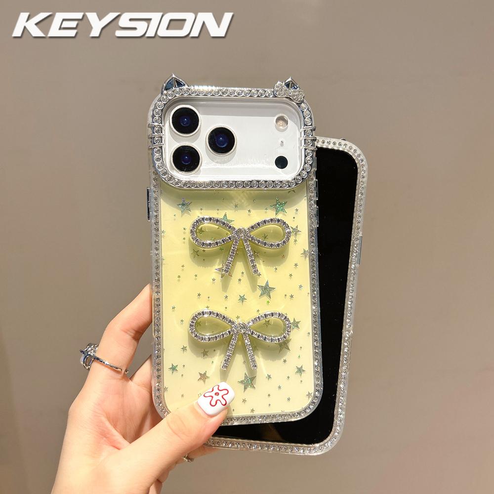 KEYSION Cute 3D Cat Ear Transparent Phone Case for iPhone 14 15 Pro Max 14 15 Plus Glitter Jewelled Bowknot Shockproof Back Cover