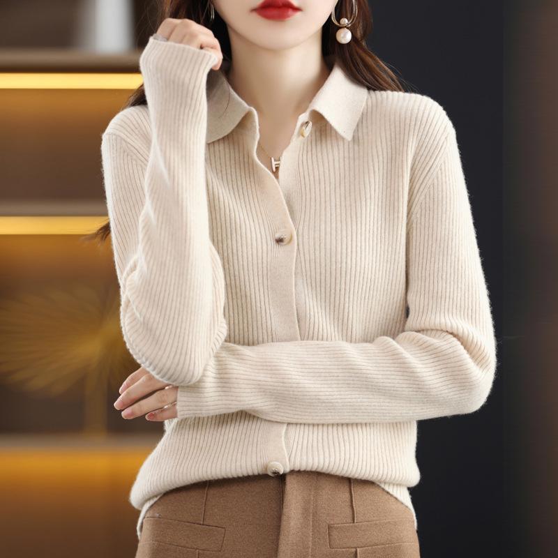 Women's Ribbed Cashmere Cardigan & Knitwear Set - Slimming Lapel Design for Autumn/Winter
