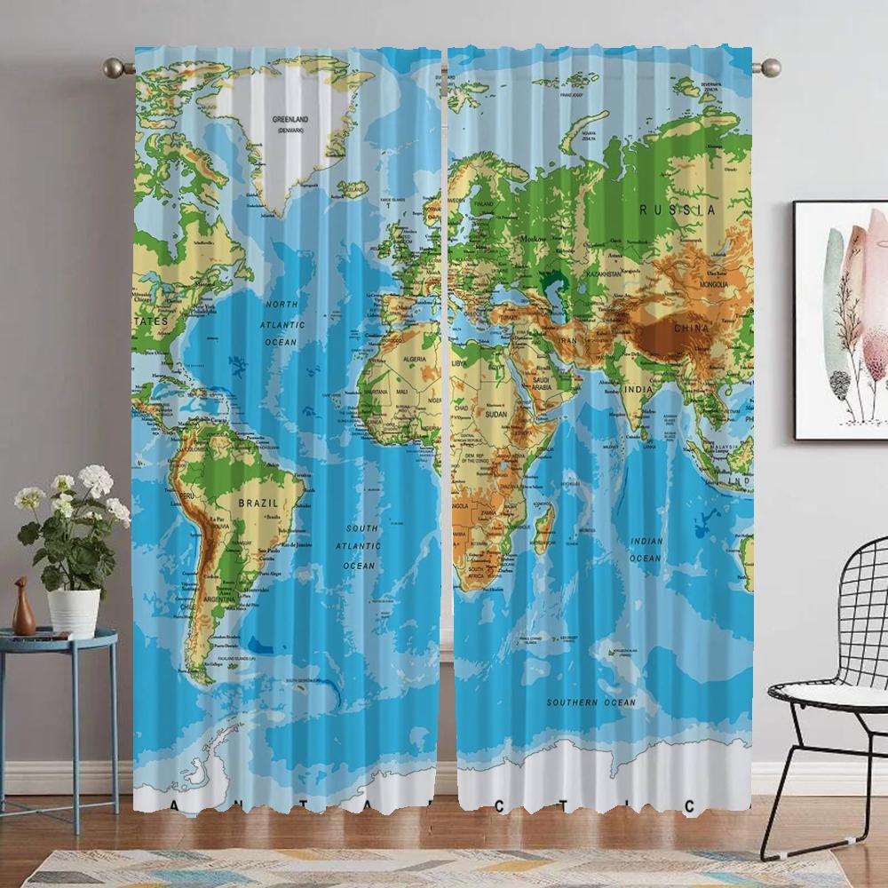 World Map Curtains for Living Room Curtain for Room 2 Panel Home Interior Curtains Partition Halloween Decoration Shades Kitchen