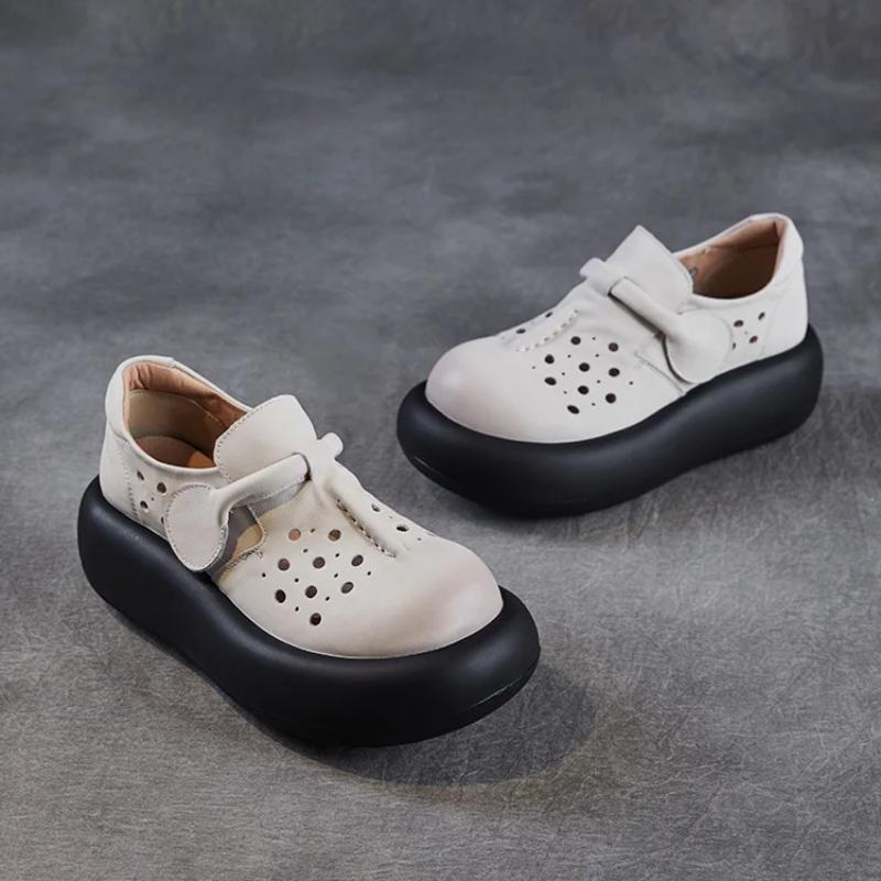 Johnature Dámské boty s dutou silnou podrážkou z pravé kůže s kulatou špičkou, dámské platformové sandály