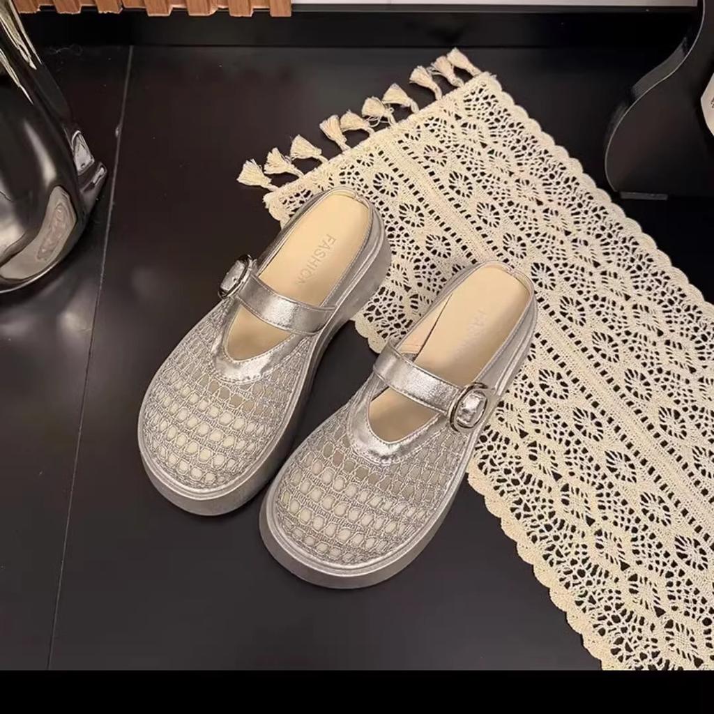 Dámské pantofle s tlustou podrážkou a kulatou špičkou, 2025 nová letní móda pro venkovní nošení, tkané, duté, prodyšné polopantofle na jeden pedál