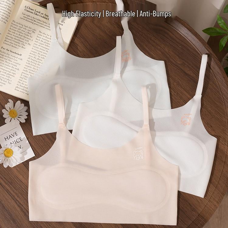 Girls' Wireless Non-Slip Sports Bra - Ice Silk Seamless Strappy Design for Large Bust