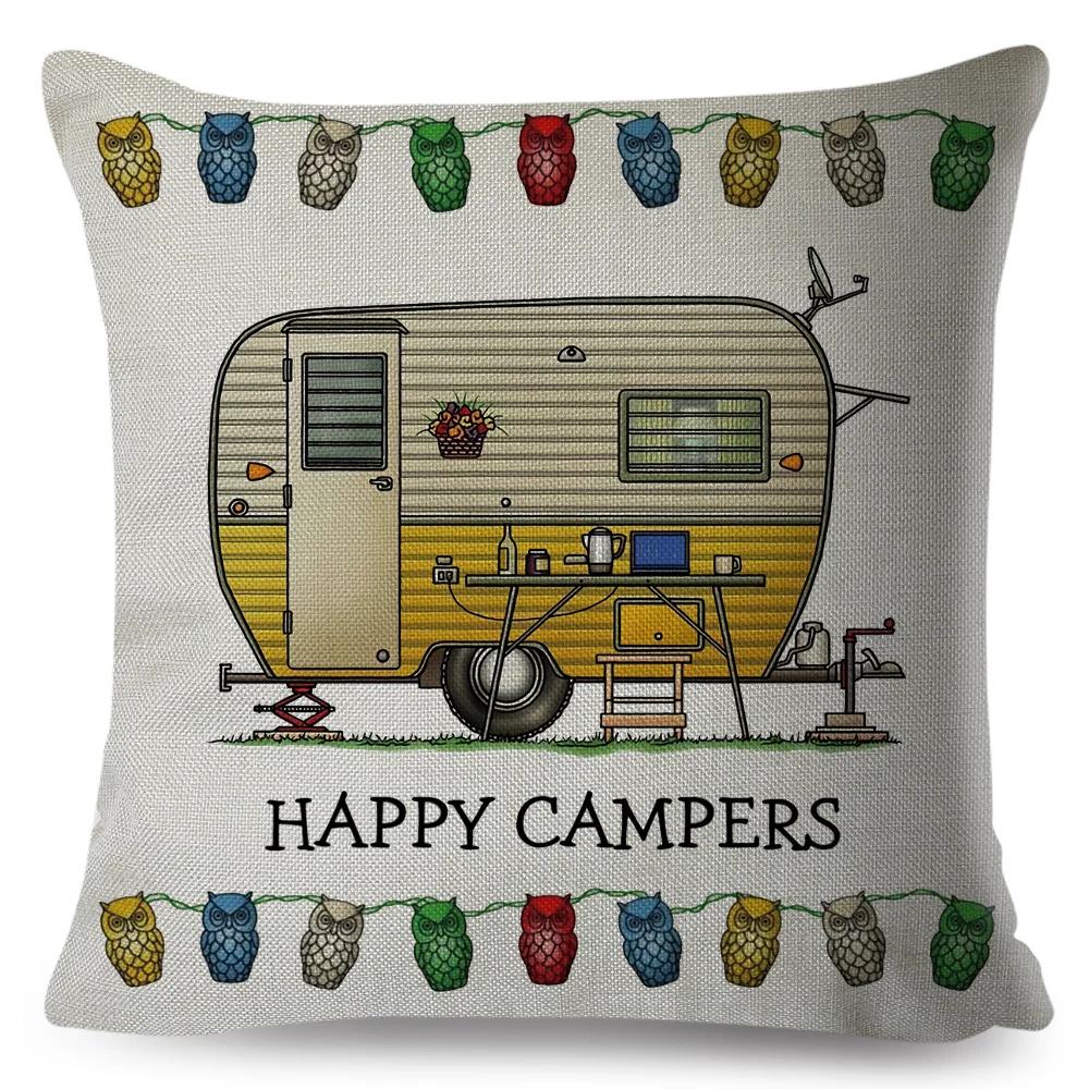 Happy Camper Pillowcase Decor Cartoon Travel Car Printed Pillow Case for Home Sofa Children Room Polyester Cushion Cover 45x45cm