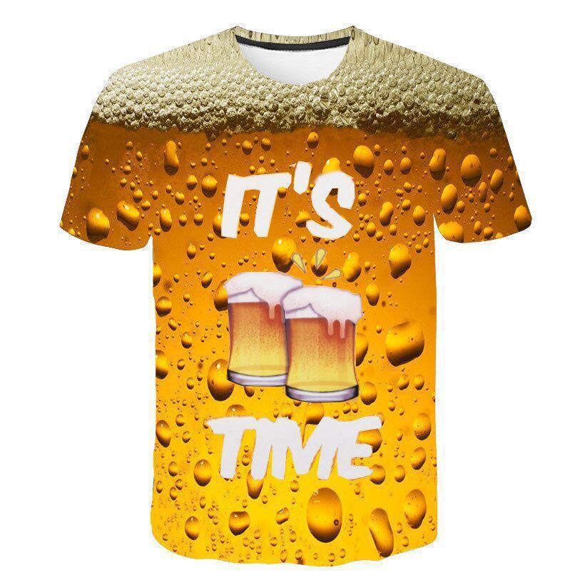 Men's Casual Beer Bubble Series 3D Printed Summer Comfortable Plus Size T-shirt- Soft Medium Stretch Polyester Fabric Summer Mens Relaxed Fit Clothing