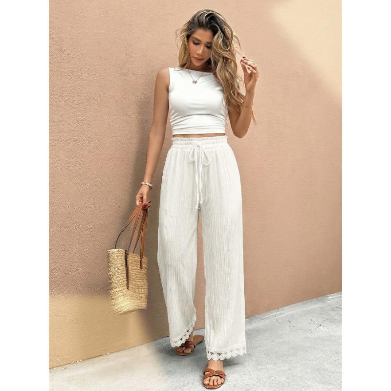 Women High Waist Drawstring Lace Trim Loose Casual Wide Leg Pants