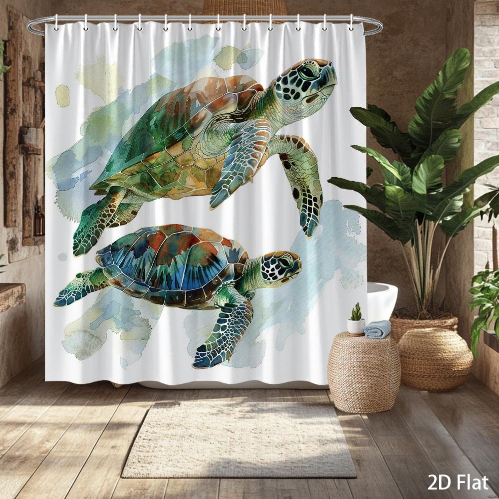 Watercolor Sea Turtle Shower Curtain – Ocean-Themed Art, Swimming Turtles On White Background, Polyester, Includes Hooks