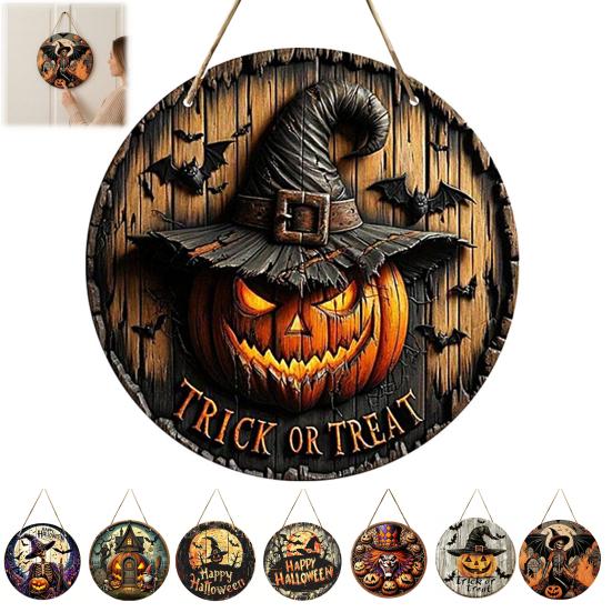 Thanksgiving Yard Display Halloween Wooden Sign,Round Hanging Pendant with Lanyard, Retro Distressed Holiday Home Ornament Wood Skeleton/Pumpkin/Clown