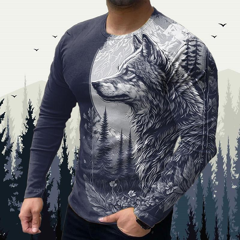 Men's casual long sleeved O-neck T-shirt with animal wolf print