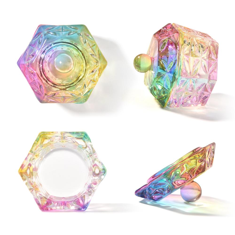 6PC křišťálové sklo akrylový prášek na tekutý kalíšek na nehty Barevný duhový Dappen Dish Víko Držák na misku Vybavení Nástroje na zdobení nehtů