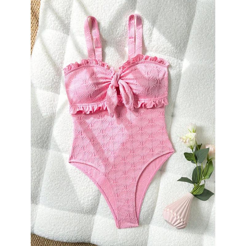 S - XL Floral Print Strapless Ruffled Frill Female Swimwear One Piece Swimsuit Women Monokini Bow Knotted Bathing Suit Swim Lady