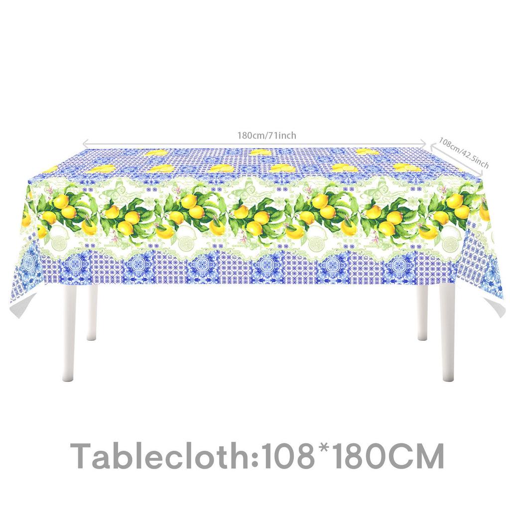 Retro Blue and White Porcelain Lemon-Themed Summer Party Tableware Set - Banner, Paper Plates, and Bunting Decorations