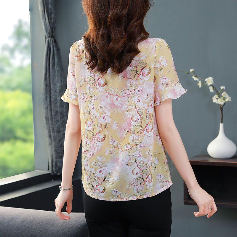 Puppenhals-Blumen-Chiffon-Hemd, Damen-Kurzarmbluse, Sommer, neues lockeres Print-Top M-4XL