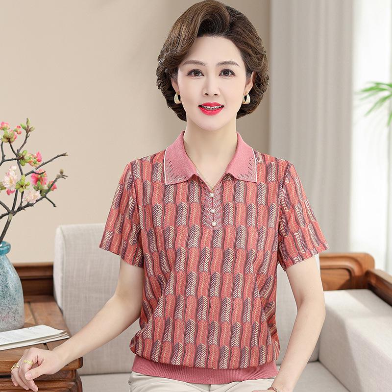 

Chic Rhinestone Lapel Summer T-Shirt for Middle-Aged & Elderly Women 5XL (recommended 150-165 jin) червоний