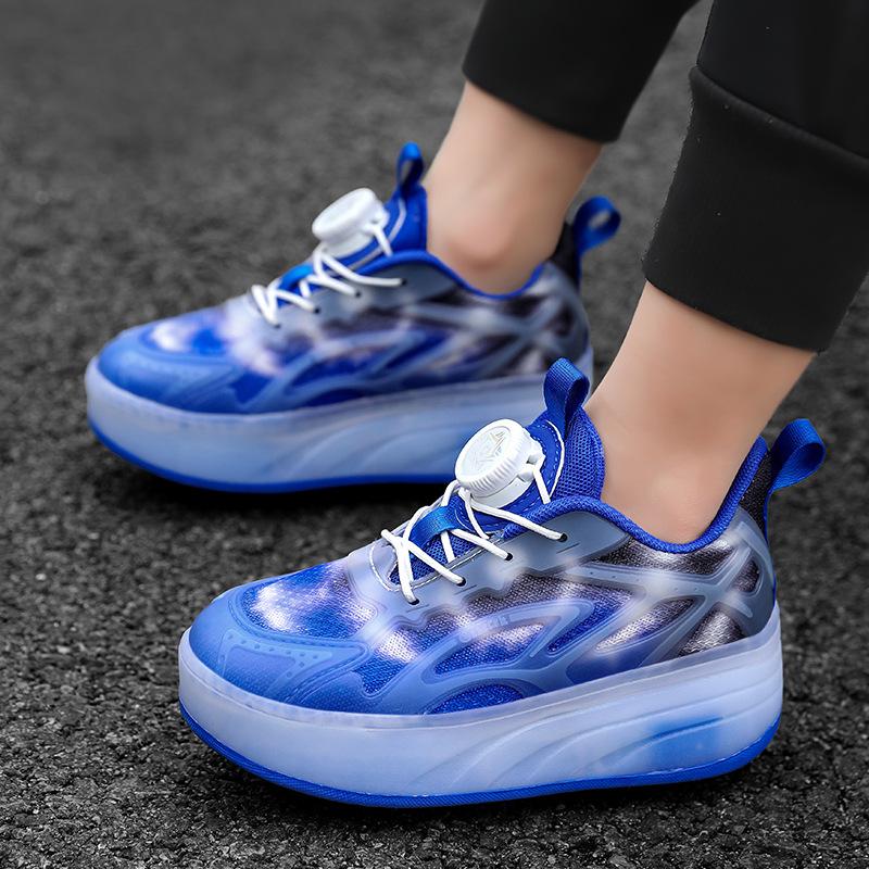Children's summer walking shoes, featuring a breathable mesh upper, dual wheels, retractable wheels, and a rotating buckle design, suitable for both