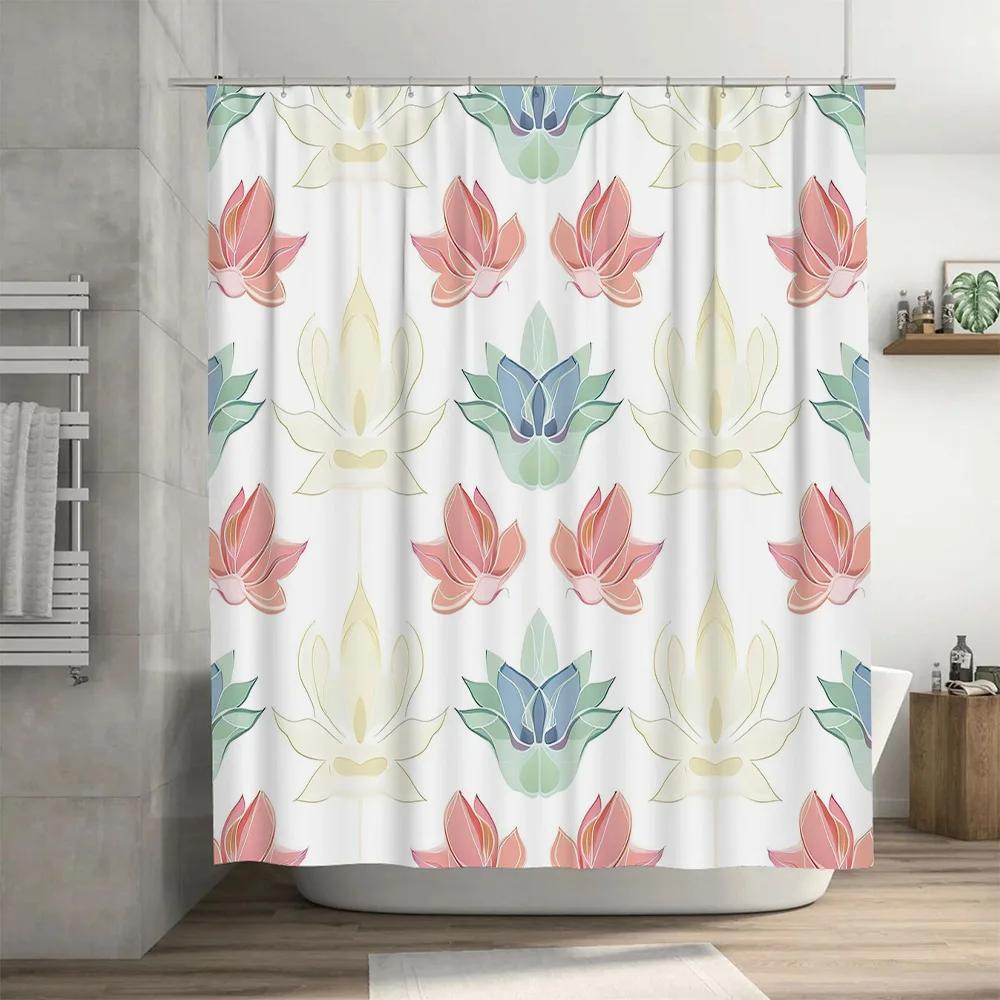 Artistic Lotus Shower Curtain Bath Decorative Wall Hanging for Home Bathroom Soft Watercolor Floral Print Fabric Waterproof
