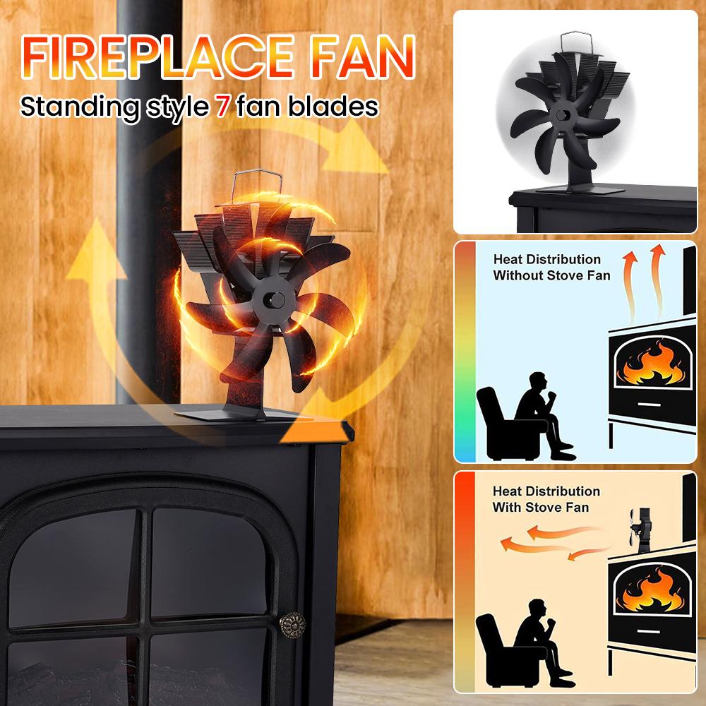 7 Blades Stove Fan Heat Powered Fireplace Fan Log Wood Burner Eco-Fan Quiet Home Hot Air Warm Efficient Heat Distribution