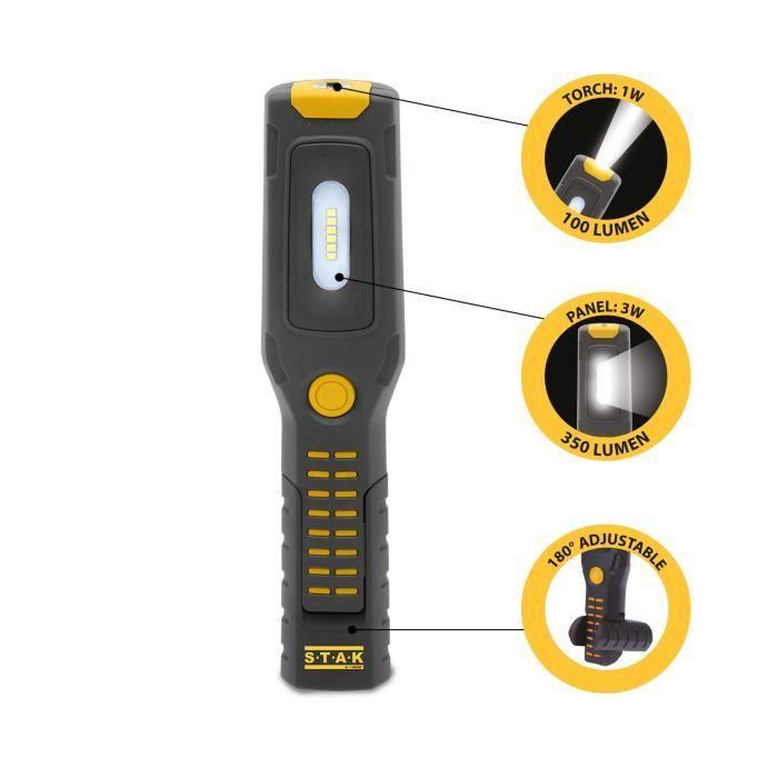 ALAMO: Lampe de travail + lampe de poche LED rechargeable avec crochets et aimant. Base réglable.