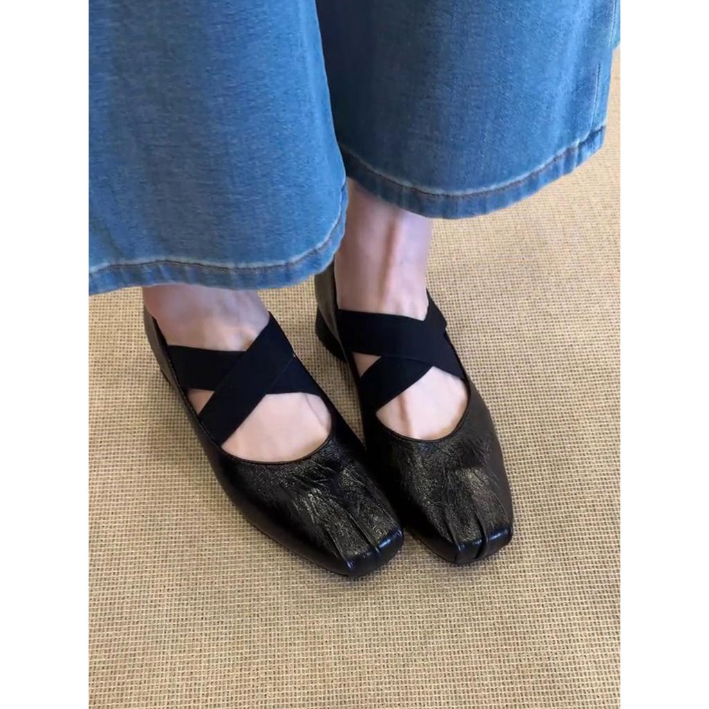 Sheepskin version~ Square head retro handmade ballet single shoes women's cross strap thick heel ballet shoes Mary Jane single shoes