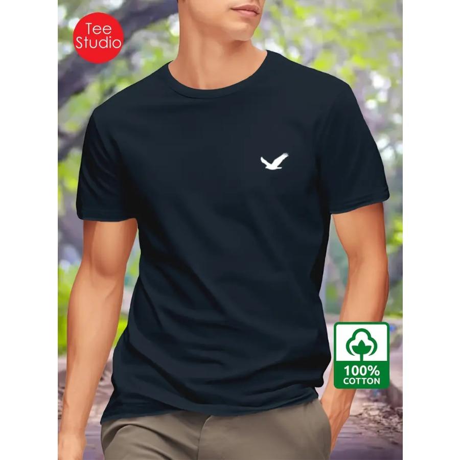 

Мужская базовая футболка с коротким рукавом из 100% хлопка с принтом птицы - Стандартная посадка, Круглый вырез, Обычная длина S темно-синий