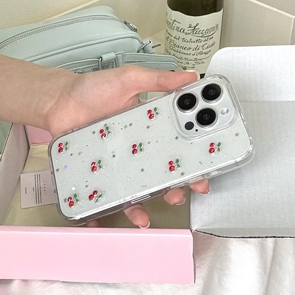 Schattige 3D Kersen Pailletten Telefoonhoesje Voor iPhone 17 Air 16 15 14 13 12 11 Pro Max Transparante Schokbestendige Zachte Siliconen Cover