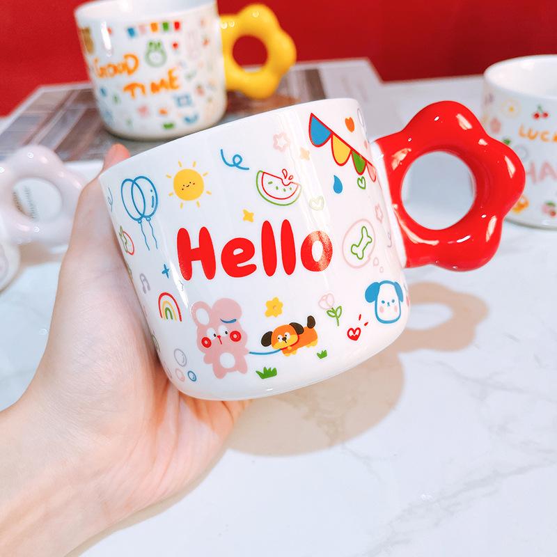 Birthday Souvenir Gift Cute Cartoon Mug Ceramic Cup Flower Handle
