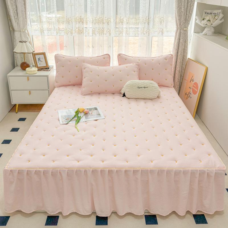 Solid color embroidery thickened bed skirt clipped with cotton soft and vertical elegant without deformation bed skirt