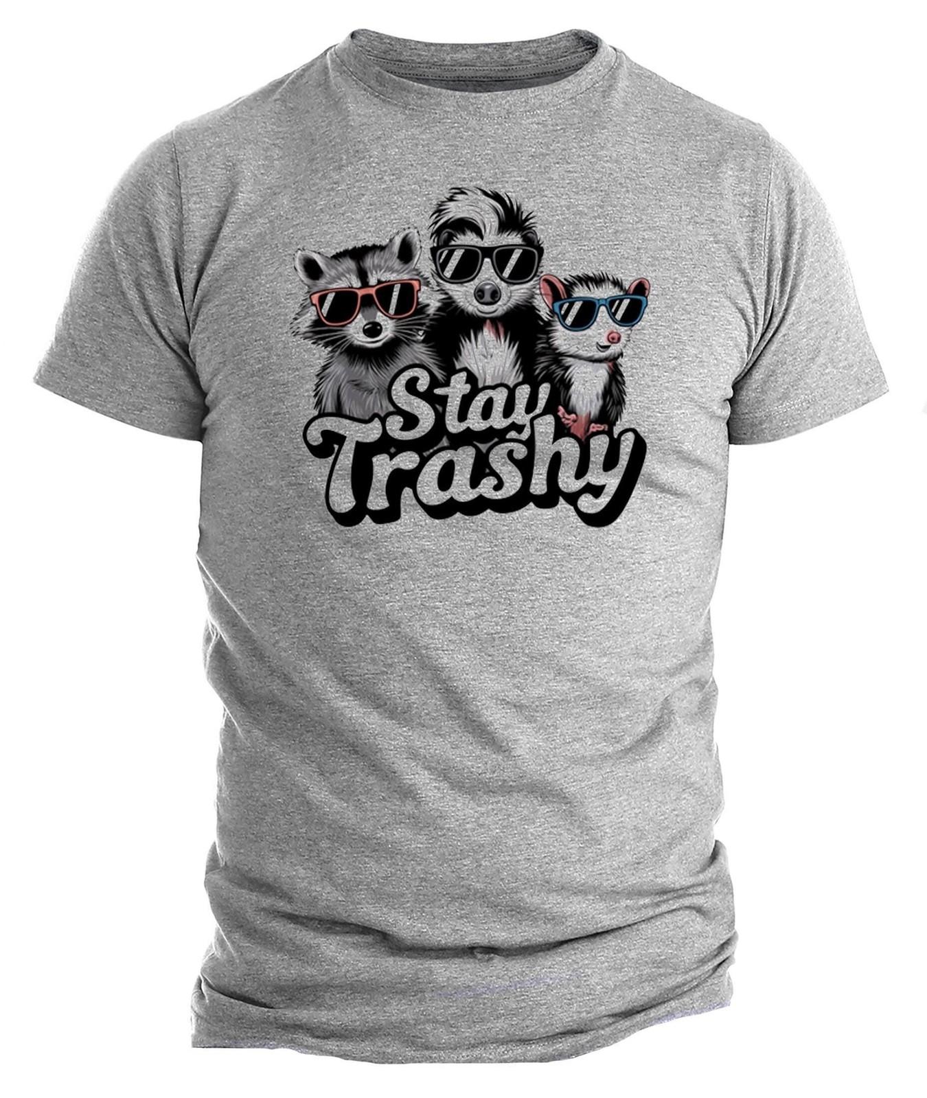 Stay Trashy T-Shirt Mens Womens Tees Top – Funny Raccoon, Opossum and Skunk Retro 90s Tee, Boho Animal L
