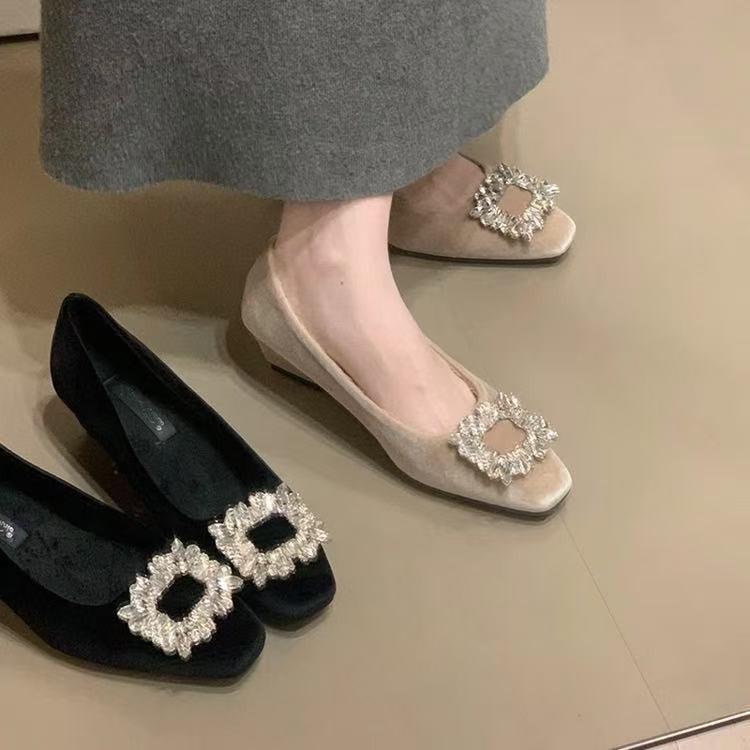 Rhinestone Thick Heel Single Shoes New with Skirt Temperament Elegant Square Buckle Light Mouth High Heels
