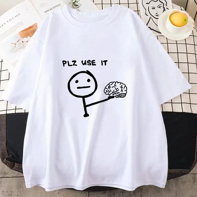 Nouveau T-shirt Graphique Décontracté pour Homme "Plz Use It" Design Cerveau Dessin Animé Manches Courtes Col Rond Coupe Décontractée pour l'Été T-shirts Homme Femme