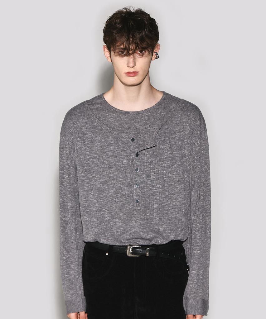 Weseullihyuseuteon Jett Layered Henley Neck Long Sleeve Melange Gray