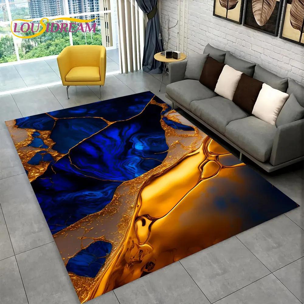 Nordic Blue Golden Colour Marble Geometric Area Rug,Carpet Rug for Living Room Bedroom Sofa Doormat Decor,Kid Non-slip Floor Mat