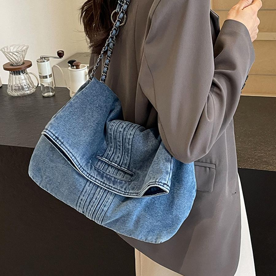 Denim Chain Crossbody Bag,Summer New Casual Women Fold Shoulder Bag,Trendy Commuter Tote Bag for Daily Travel Work Purse Handbag