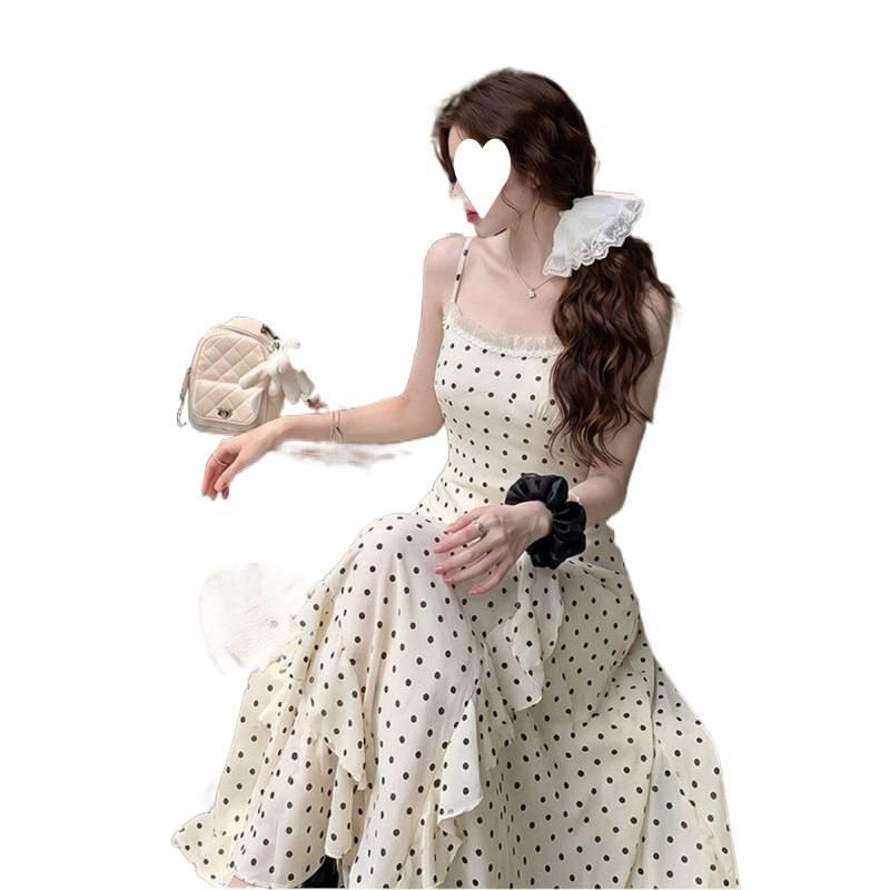 French polka dot suspender dress women's summer ruffle edge super fairy skirt slim a word long dress
